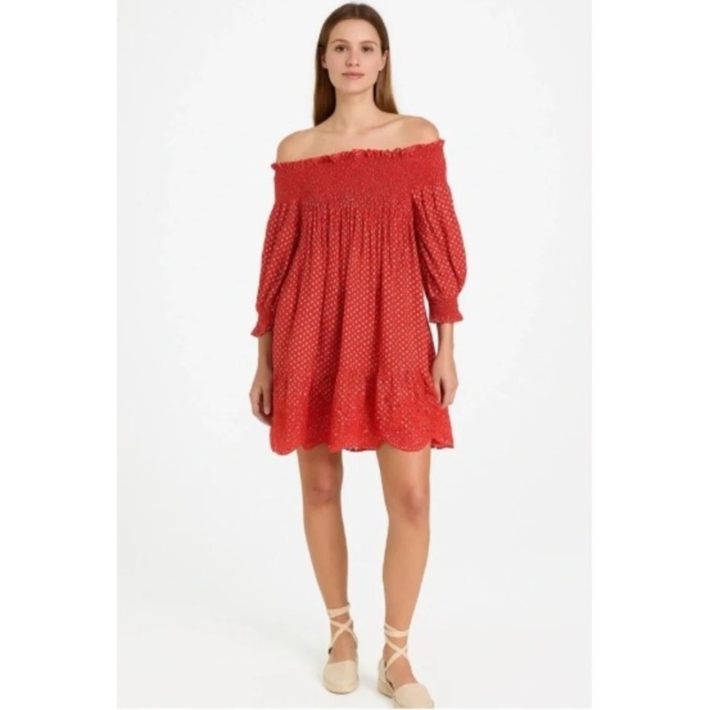 Tory Burch Off the Shoulder Dress Size XS Orange Polka Dot Shirred Ruched Ruffle